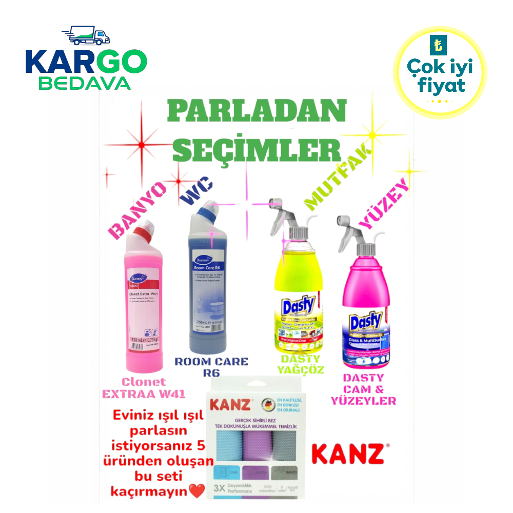 Dasty Yağ Sökücü (1 adet), Dasty Cam & Yüzeyler (1 adet), Diversey Clonet Extra W41 (1 adet), Diversey Room Care R6 (1 adet), Kanz Alman Mikrofiber Sihirli Bez 3 lü Paket (1 adet)
