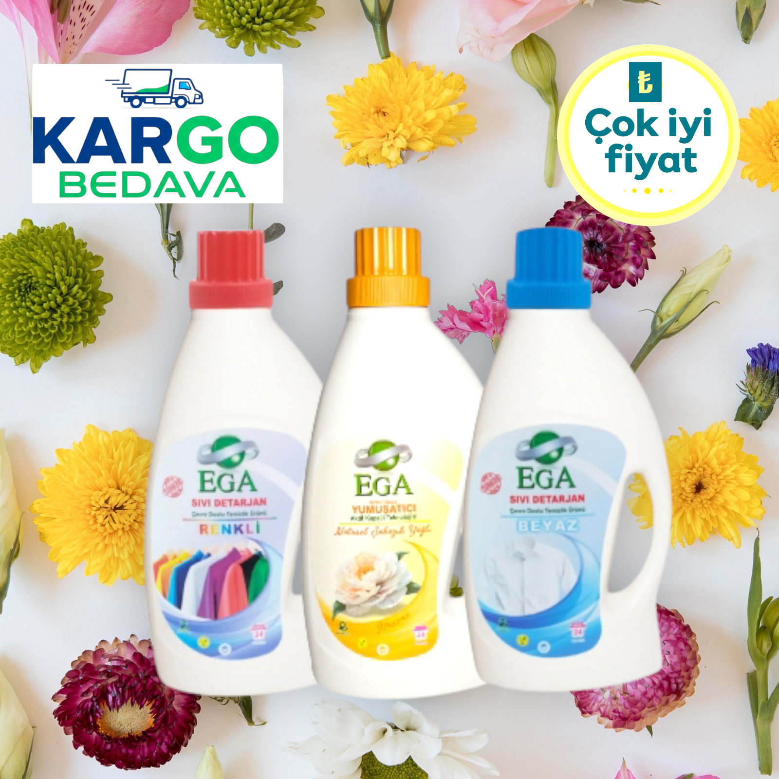 Ega Sıvı Çamaşır Seti, Renkliler (1 Adet) & Beyazlar (1 Adet) & Yumuşatıcı (1 Adet)