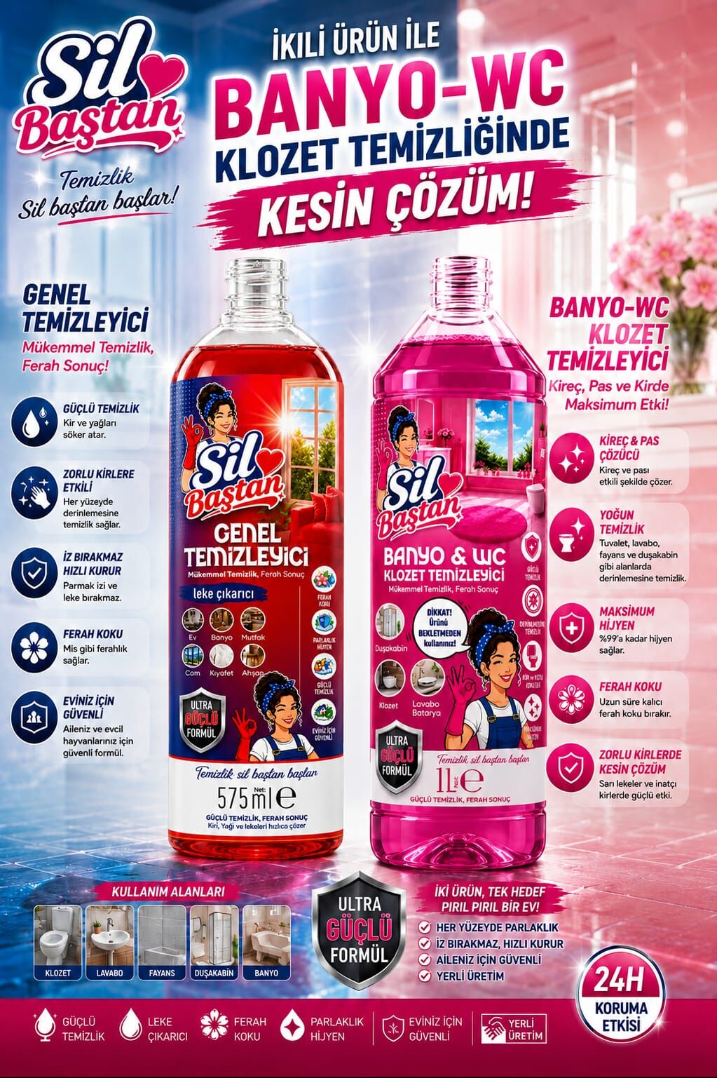 Sil Baştan Banyo & WC Temizleyici 1 lt (1Adet) Genel Temizleyici 575 ml (1Adet)